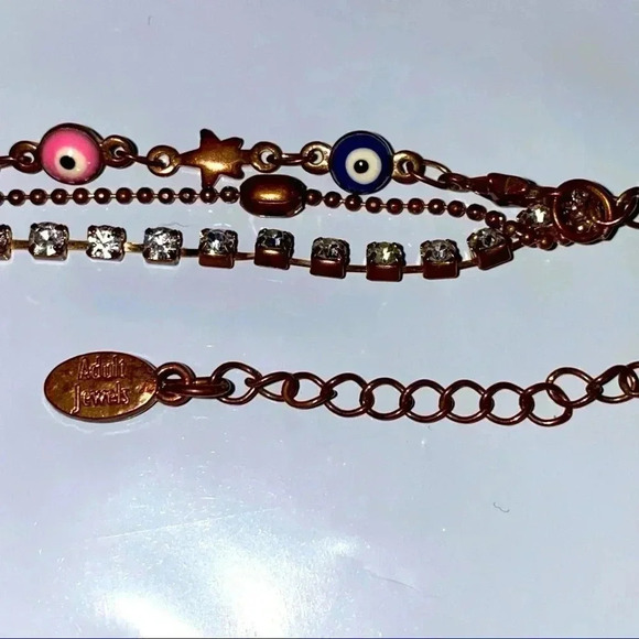 ADULT Jewels 3 Strand Bracelet With Evil Eyes, Stars & Rhinestones in Copper - Picture 5 of 12